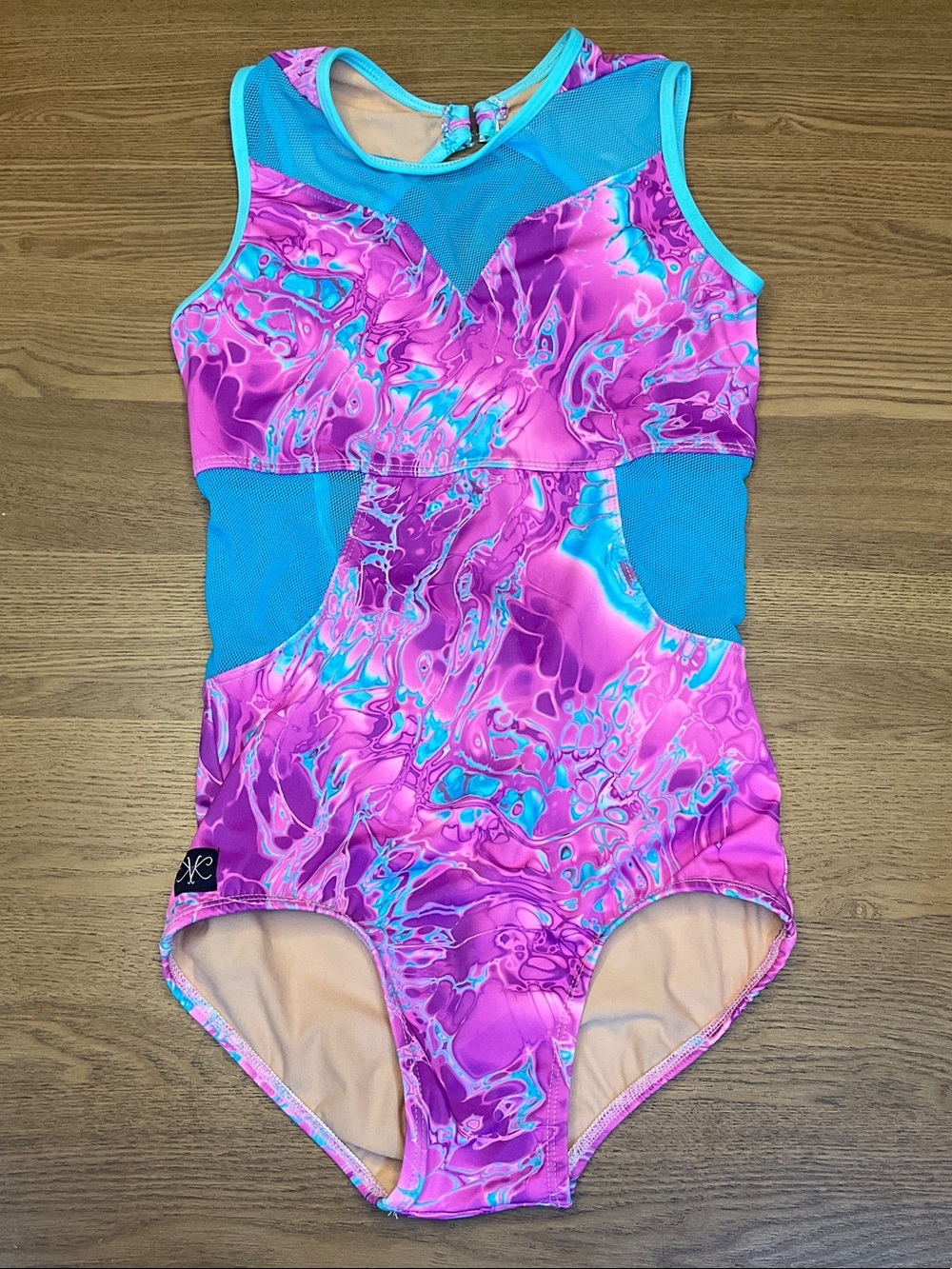 Girls' Pink Marble-Print Tank leotard with Teal Mesh Accents